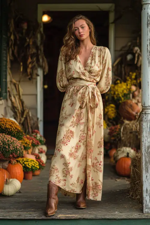A woman in a cream floral chiffon maxi dress with a belted waist, accessorized with block-heeled boots, posing in front of a rustic farmhouse porch filled with autumn décor