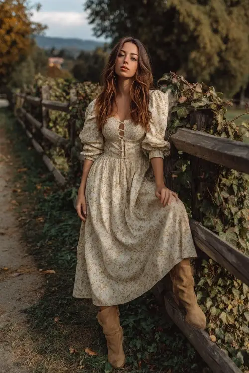 A woman in a cream floral maxi dress with bishop sleeves, paired with suede ankle boots, posing along a countryside wooden fence with fall ivy climbing