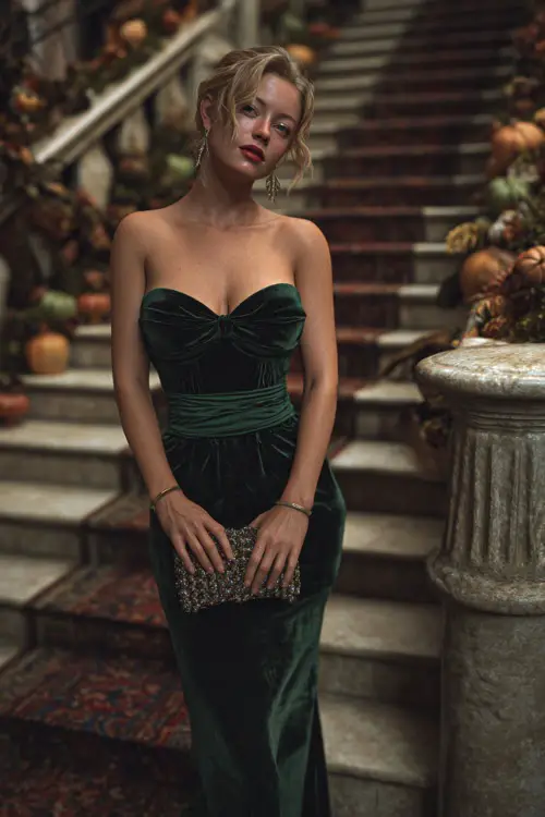 A woman in a dark green velvet gown with a sweetheart neckline and fitted bodice, accessorized with a jeweled clutch, standing near an ornate staircase with fall decorations