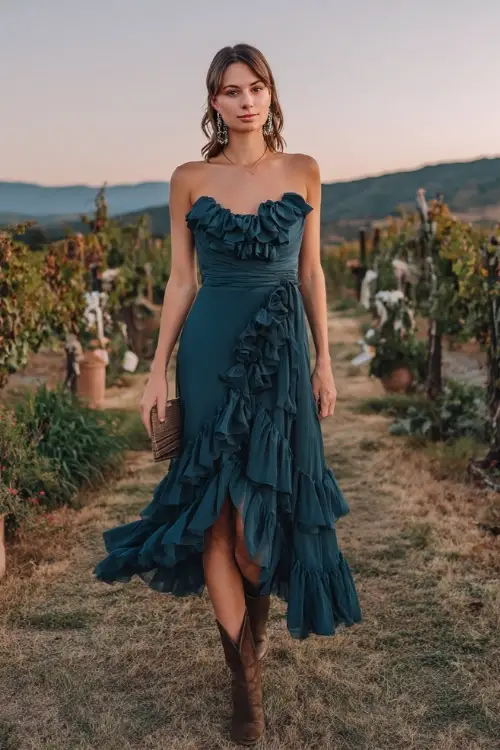 A woman in a dark teal chiffon midi dress with ruffled skirt, paired with brown boots and a clutch, standing at a vineyard wedding arch at golden hour