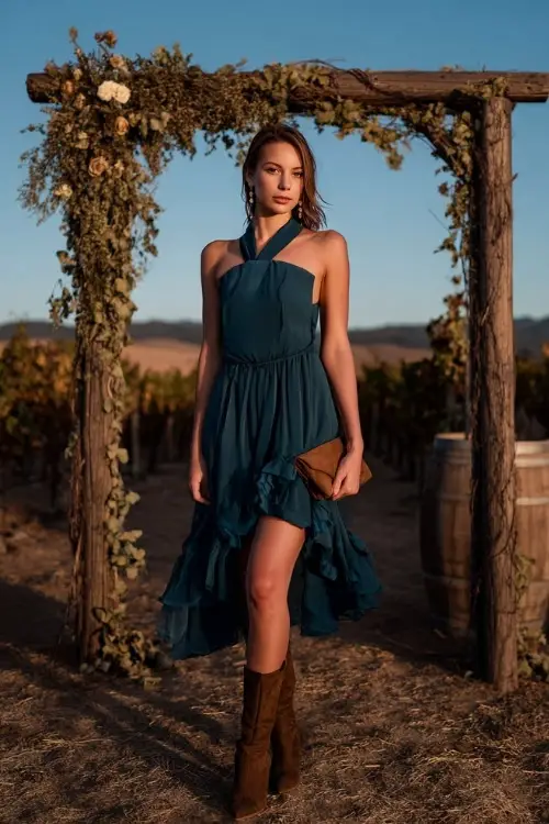 A woman in a dark teal chiffon midi dress with ruffled skirt, paired with brown boots and a clutch, standing at a vineyard wedding arch at golden hour