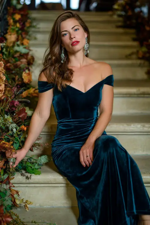 A woman in a dark teal velvet gown with a fitted waist and off-the-shoulder neckline, accessorized with silver chandelier earrings, posing on a grand staircase lined with fall floral arrangements 