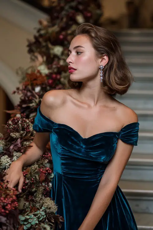 A woman in a dark teal velvet gown with a fitted waist and off-the-shoulder neckline, accessorized with silver chandelier earrings, posing on a grand staircase lined with fall floral arrangements