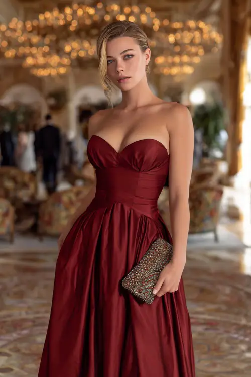 A woman in a deep red satin gown with a sweetheart neckline and floor-sweeping skirt, accessorized with a jeweled clutch, posing under golden chandeliers in a formal October venue 