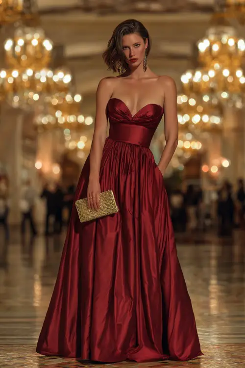 A woman in a deep red satin gown with a sweetheart neckline and floor-sweeping skirt, accessorized with a jeweled clutch