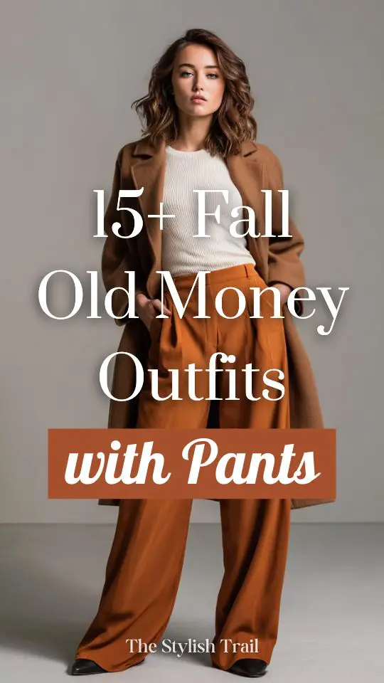 A woman in a fall old money outfit with rust wide-leg pants with a tucked-in ivory knit top and a camel coat