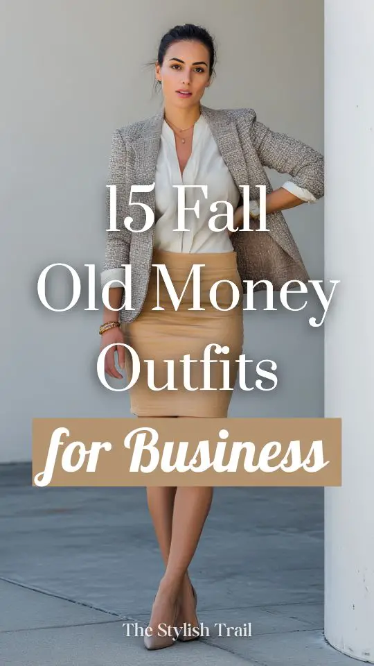 A woman in a fall old money outfit with white shirt, a beige skirt and a gray blazer