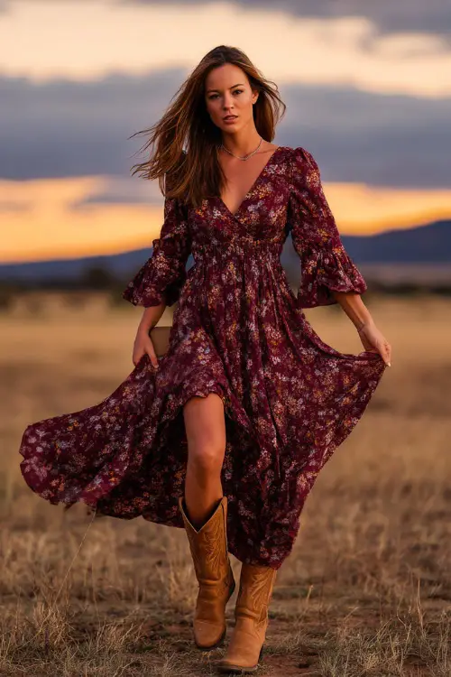 A woman in a flowing burgundy floral chiffon maxi dress with flutter sleeves, paired with tan suede cowboy boots and a clutch, posing in an open field at golden hour with the sky glowing warm