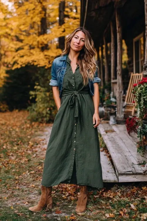 A woman in a forest green cotton maxi dress with short sleeves and a tie waist, styled with suede boots and a denim jacket