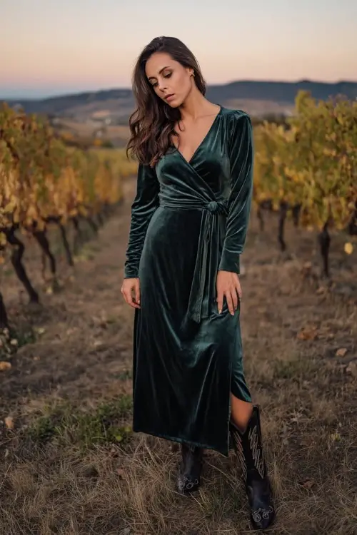 A woman in a forest green velvet maxi dress with long sleeves and a fitted waist, styled with embroidered black cowboy boots