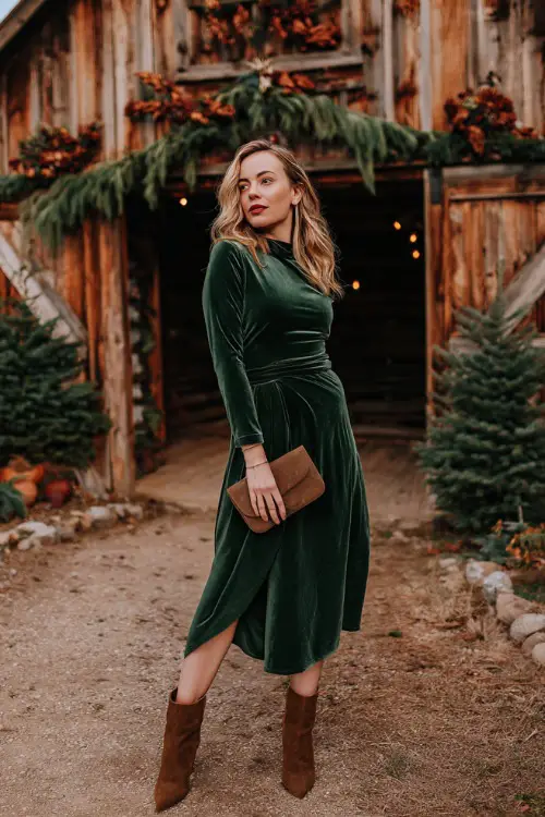 A woman in a forest green velvet midi dress with a fitted waist and flowing hem, styled with brown suede ankle boots and a small clutch 