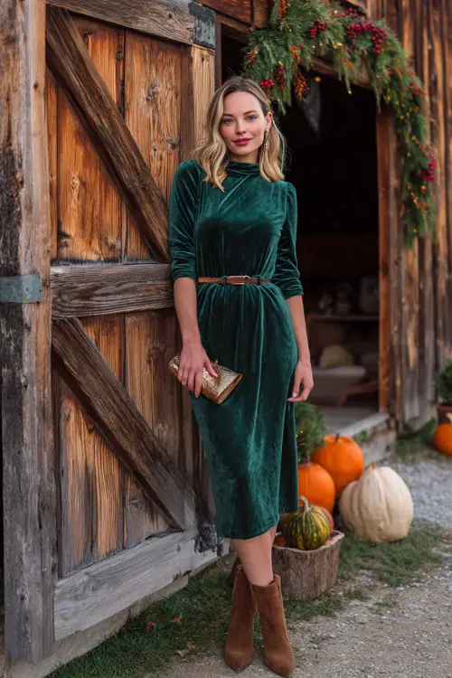 A woman in a forest green velvet midi dress with a fitted waist and flowing hem, styled with brown suede ankle boots and a small clutch 