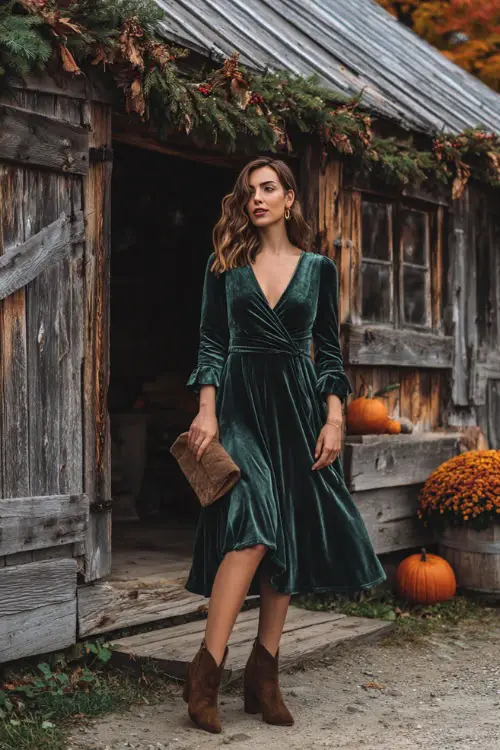 A woman in a forest green velvet midi dress with a fitted waist and flowing hem, styled with brown suede ankle boots and a small clutch