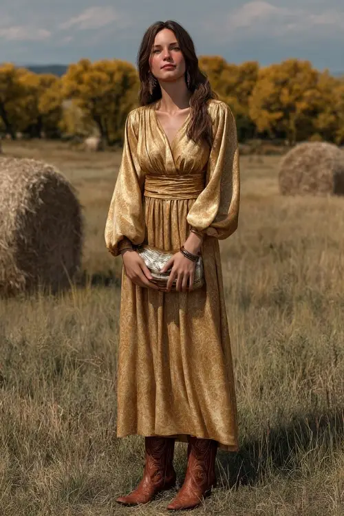 A woman in a gold chiffon maxi dress with long bishop sleeves, styled with brown cowboy boots and a metallic clutch, standing in a meadow with haystacks and golden trees 