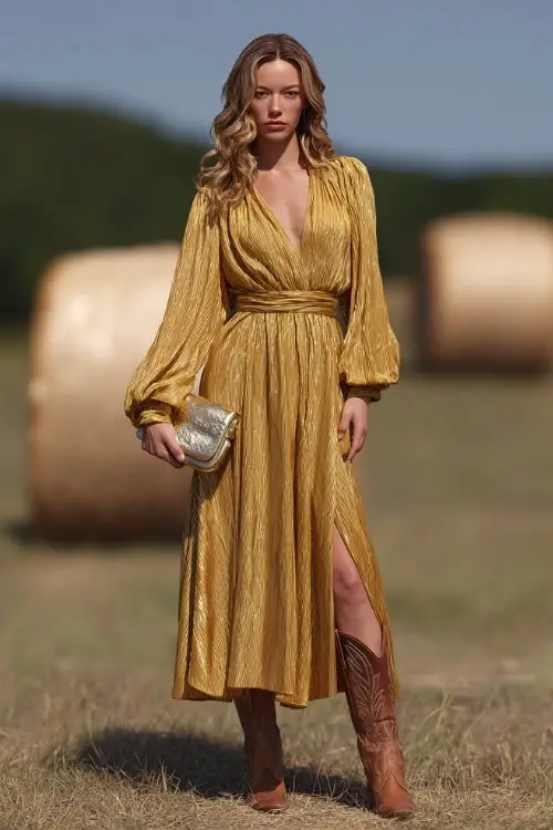 A woman in a gold chiffon maxi dress with long bishop sleeves, styled with brown cowboy boots and a metallic clutch, standing in a meadow with haystacks and golden trees