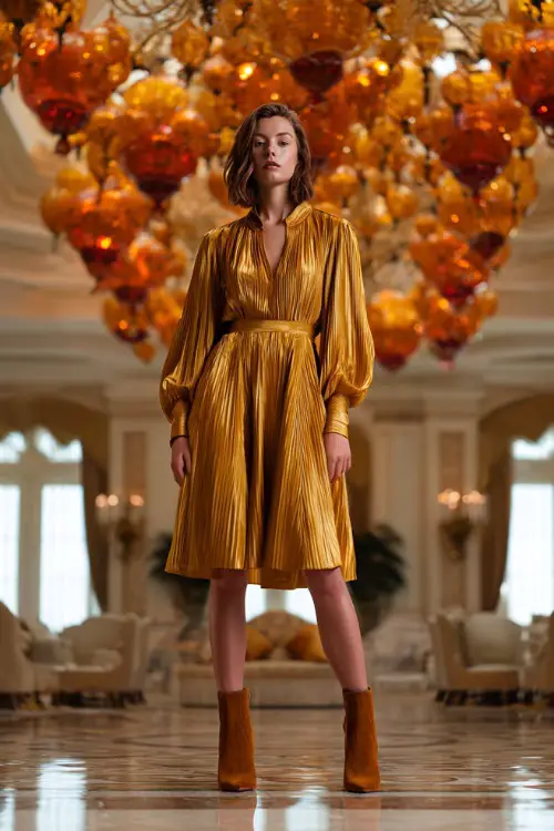 A woman in a gold pleated dress with a high neckline and long sleeves, accessorized with suede ankle boots, standing inside a grand ballroom with amber autumn chandeliers 