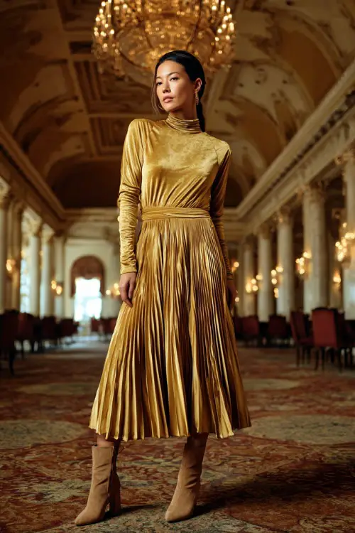 A woman in a gold pleated dress with a high neckline and long sleeves, accessorized with suede ankle boots, standing inside a grand ballroom with amber autumn chandeliers