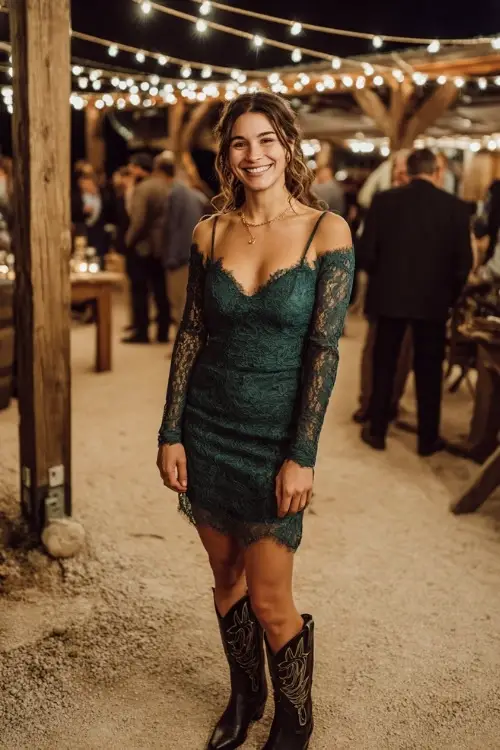 A woman in a hunter green lace dress with illusion sleeves, styled with black cowboy boots, standing beneath string lights at an outdoor fall country wedding reception 