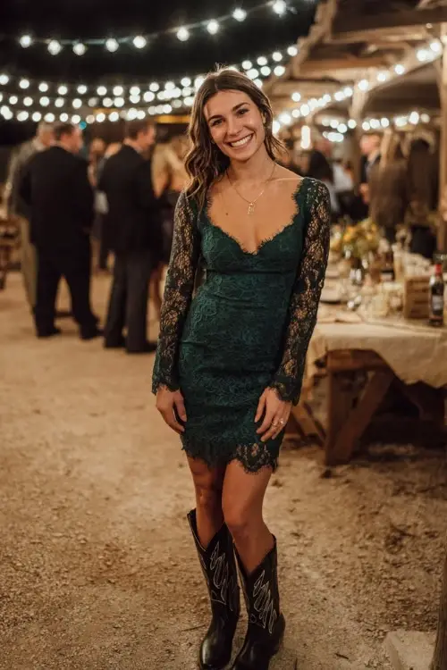 A woman in a hunter green lace dress with illusion sleeves, styled with black cowboy boots, standing beneath string lights at an outdoor fall country wedding reception 