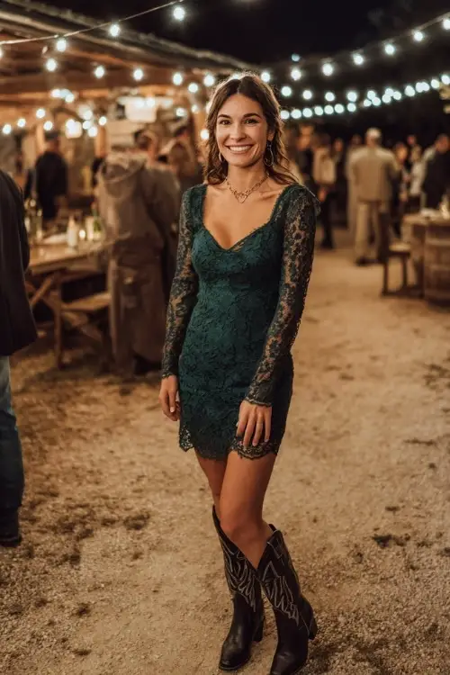 A woman in a hunter green lace dress with illusion sleeves, styled with black cowboy boots, standing beneath string lights at an outdoor fall country wedding reception