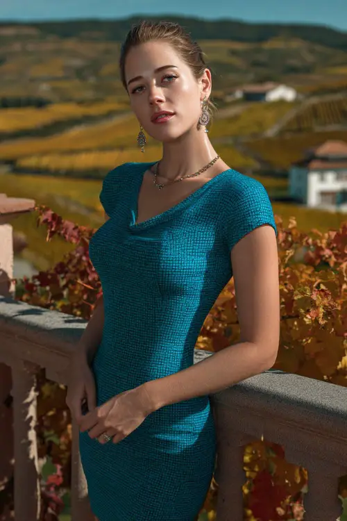A woman in a jewel-toned sapphire short sheath dress with cap sleeves, styled with crystal drop earrings 