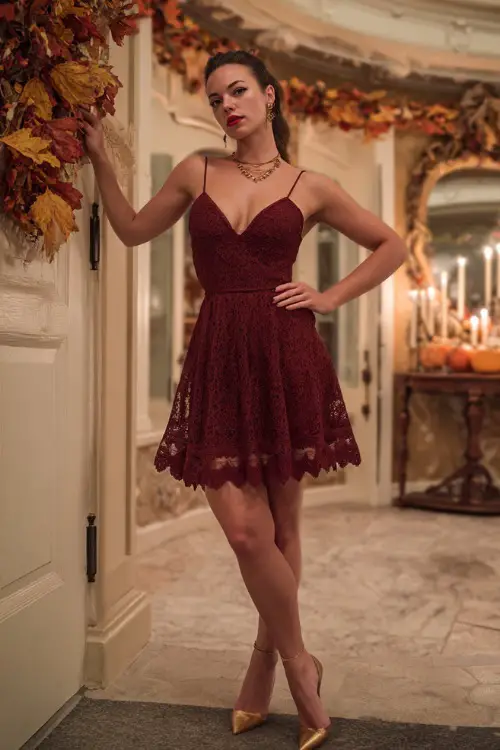 A woman in a maroon lace cocktail dress with a scalloped hem and fitted bodice, accessorized with gold jewelry and heels