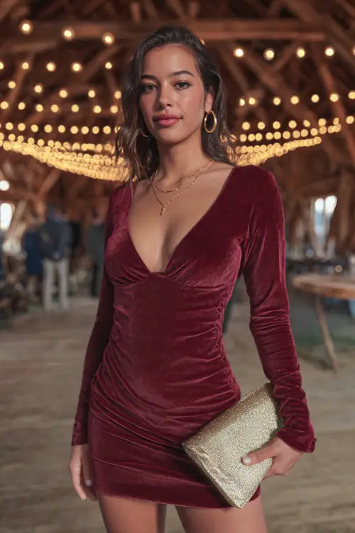 A woman in a maroon velvet skater dress with long sleeves, accessorized with a gold clutch and hoop earrings 