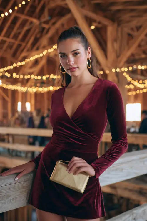 A woman in a maroon velvet skater dress with long sleeves, accessorized with a gold clutch and hoop earrings 