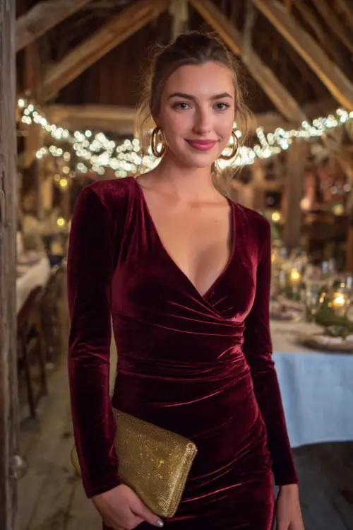 A woman in a maroon velvet skater dress with long sleeves, accessorized with a gold clutch and hoop earrings 