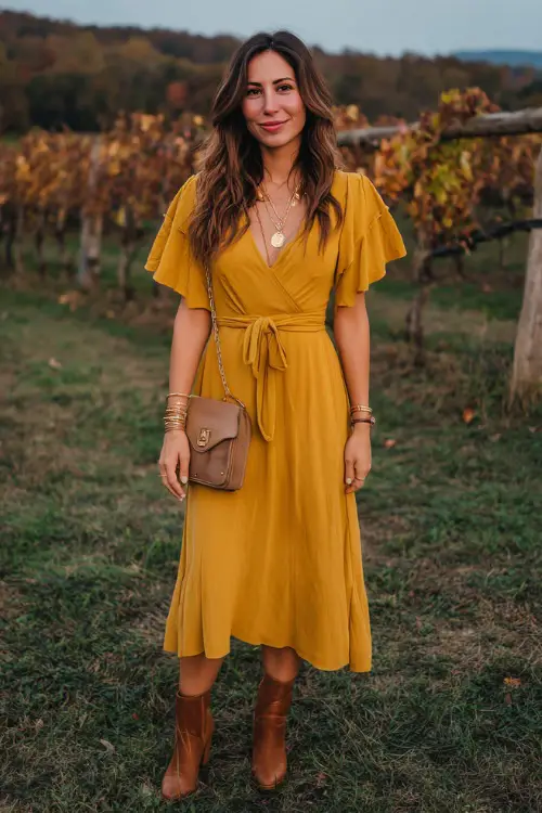 A woman in a mustard yellow chiffon midi dress with flutter sleeves, paired with brown heeled boots, layered necklaces, and a crossbody bag 