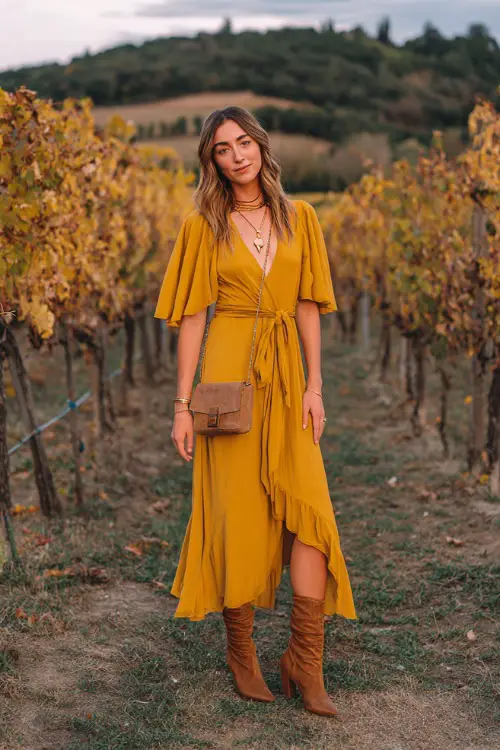 A woman in a mustard yellow chiffon midi dress with flutter sleeves, paired with brown heeled boots, layered necklaces, and a crossbody bag