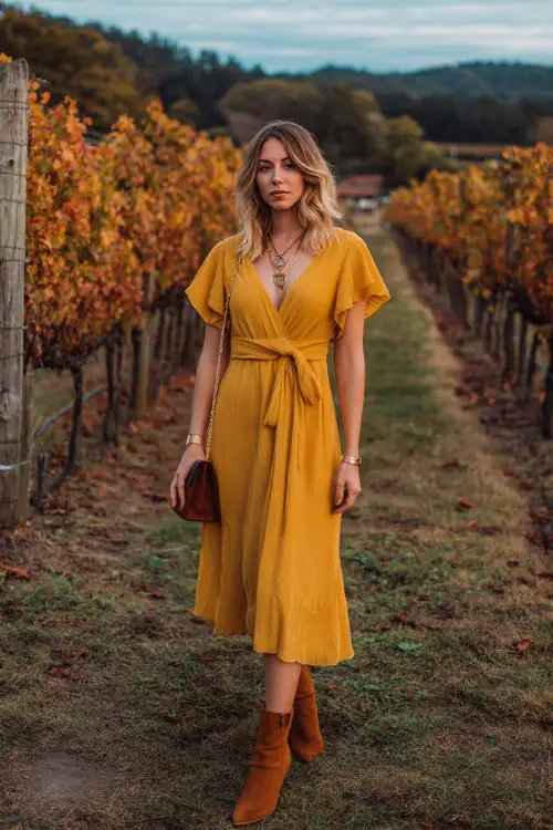 A woman in a mustard yellow chiffon midi dress with flutter sleeves, paired with brown heeled boots, layered necklaces