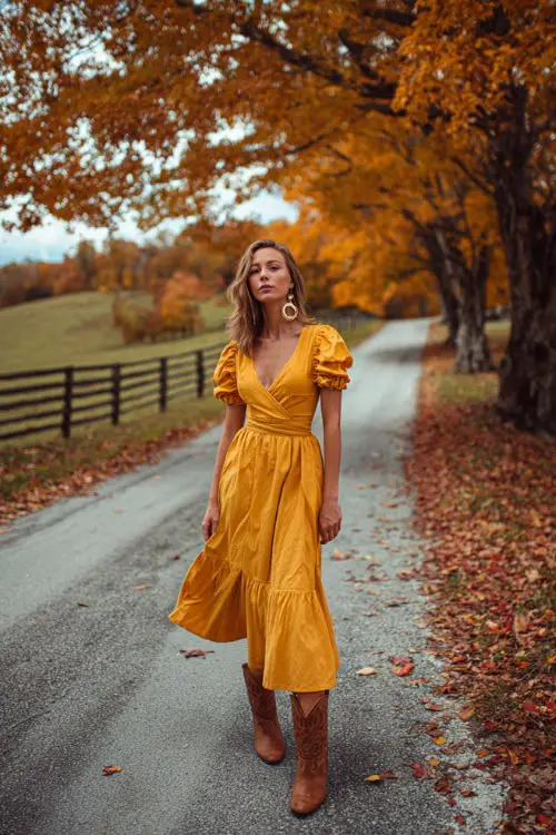 A woman in a mustard yellow midi dress with ruffled sleeves, styled with brown boots and gold earrings, standing on a country road with October leaves all around 