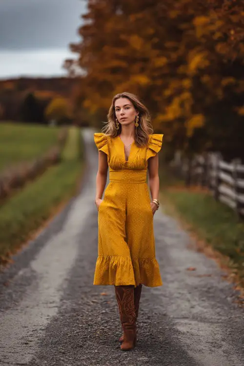 A woman in a mustard yellow midi dress with ruffled sleeves, styled with brown boots and gold earrings, standing on a country road with October leaves all around 