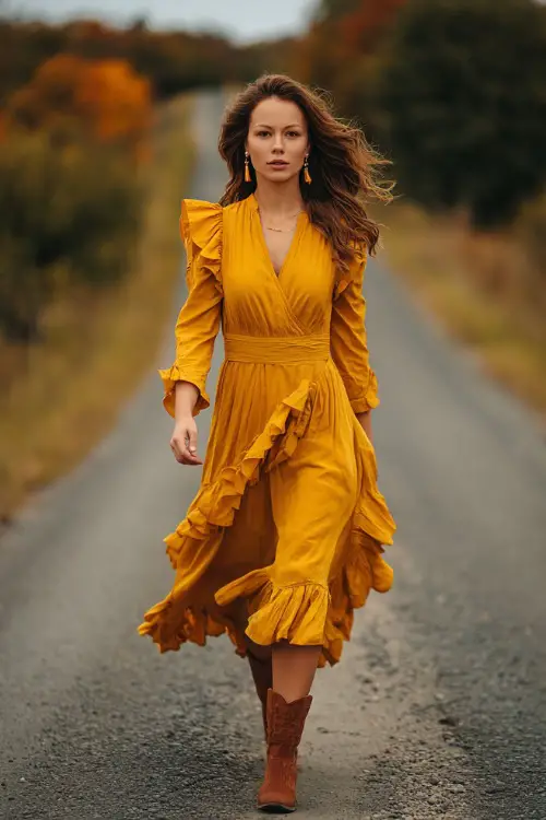 A woman in a mustard yellow midi dress with ruffled sleeves, styled with brown boots and gold earrings, standing on a country road with October leaves all around