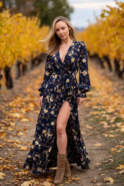 A woman in a navy floral maxi dress with long sleeves, paired with suede ankle boots, posing in an orchard wedding setting with golden leaves scattered on the ground 