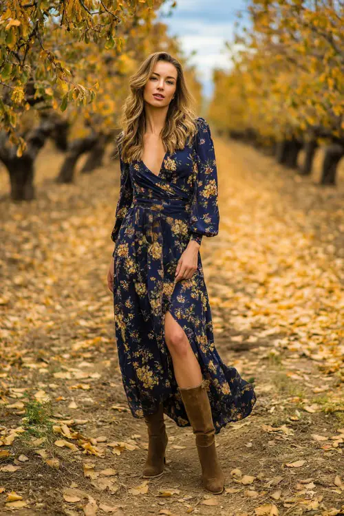 A woman in a navy floral maxi dress with long sleeves, paired with suede ankle boots, posing in an orchard wedding setting with golden leaves scattered on the ground 