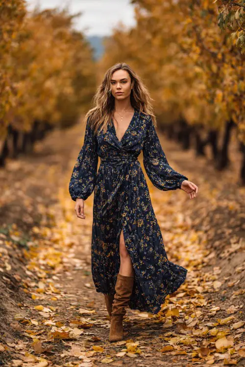 A woman in a navy floral maxi dress with long sleeves, paired with suede ankle boots, posing in an orchard wedding setting with golden leaves scattered on the ground