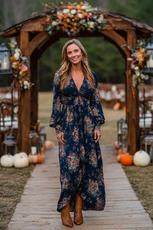 A woman in a navy floral print maxi dress with long sleeves, styled with tan cowboy boots, posing at a rustic outdoor wedding arch covered in lanterns and fall florals 