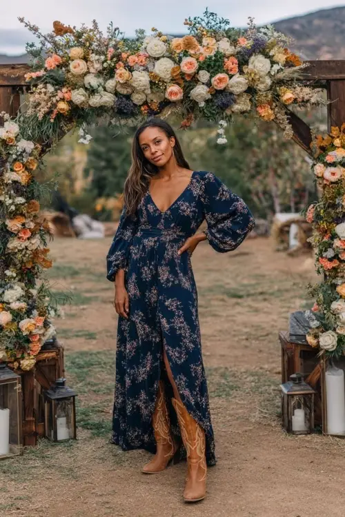 A woman in a navy floral print maxi dress with long sleeves, styled with tan cowboy boots, posing at a rustic outdoor wedding arch covered in lanterns and fall florals