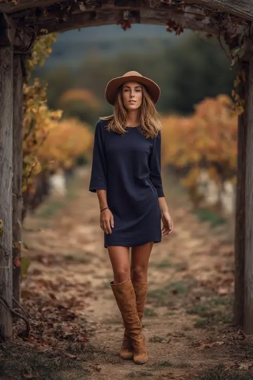 A woman in a navy jersey knit dress with three-quarter sleeves, styled with tan boots and a felt hat, standing near a vineyard wedding arch with fall foliage 