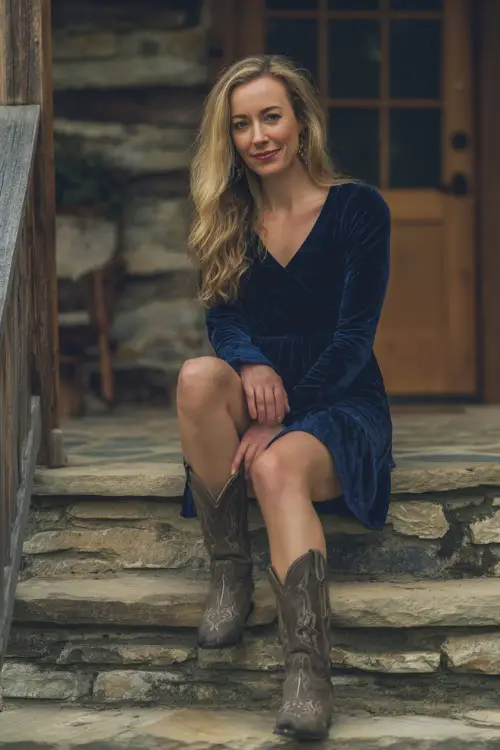 A woman in a navy velvet skater dress with long sleeves, styled with cowboy boots, standing on stone steps outside a farmhouse wedding 