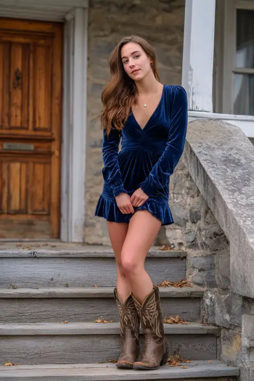 A woman in a navy velvet skater dress with long sleeves, styled with cowboy boots, standing on stone steps outside a farmhouse wedding