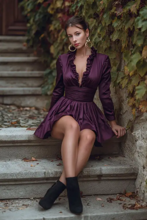 A woman in a plum-colored satin dress with a flared skirt, styled with elegant black suede heeled boots and gold hoop earrings, posing near a stone staircase lined with autumn ivy