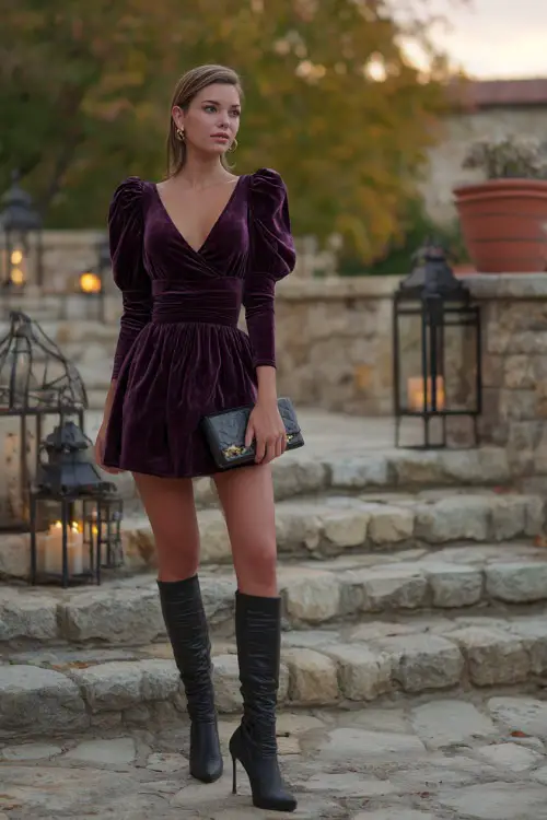 A woman in a plum velvet cocktail dress with puff sleeves, paired with tall black heeled boots and a sleek clutch, standing on stone steps with autumn lanterns glowing nearby 