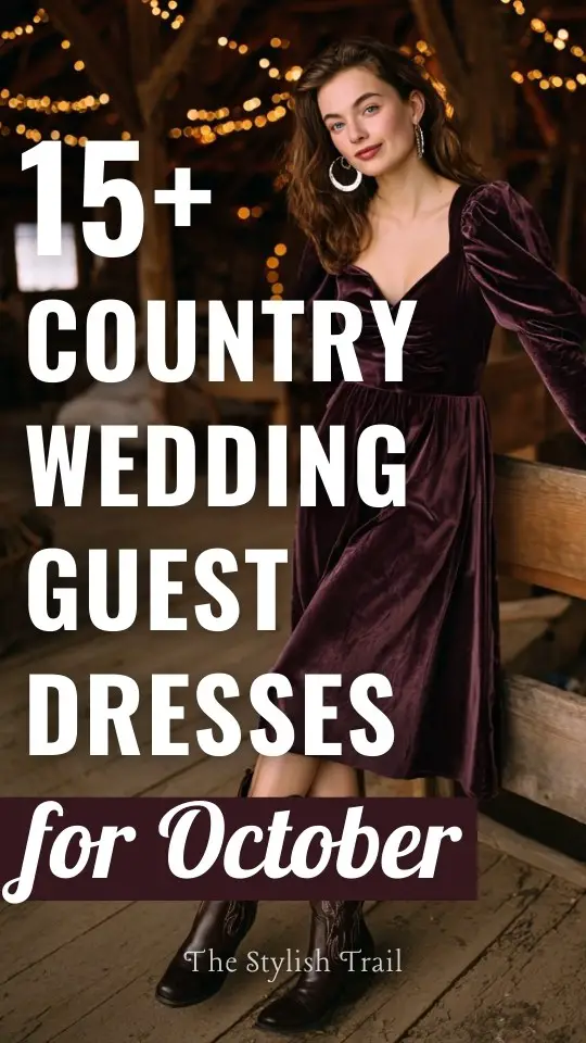 A woman in a plum velvet fall country wedding guest dress with puff sleeves, accessorized with leather cowboy boots and hoop earrings for October