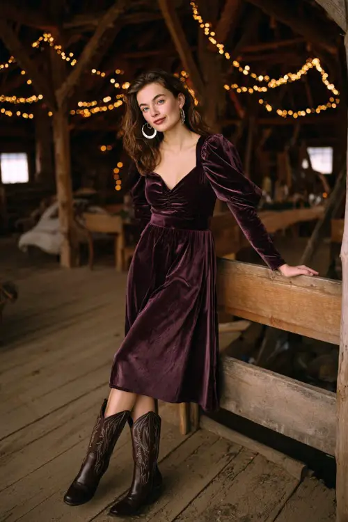 A woman in a plum velvet midi dress with puff sleeves, accessorized with leather cowboy boots and hoop earrings, posing inside a rustic barn wedding filled with fairy lights 