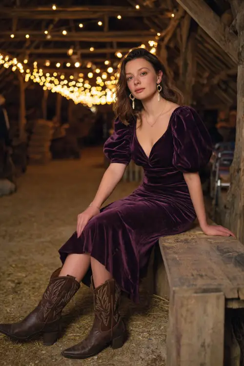 A woman in a plum velvet midi dress with puff sleeves, accessorized with leather cowboy boots and hoop earrings, posing inside a rustic barn wedding filled with fairy lights 