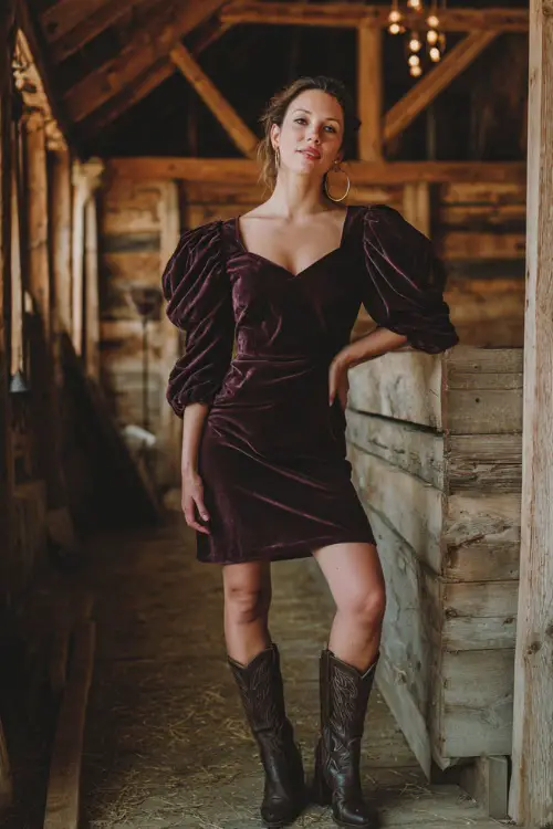 A woman in a plum velvet midi dress with puff sleeves, accessorized with leather cowboy boots and hoop earrings, posing inside a rustic barn wedding filled with fairy lights