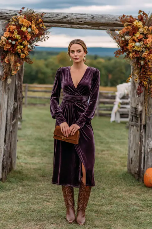 A woman in a rich plum velvet wrap dress with long sleeves, paired with classic brown cowboy boots and a suede clutch 